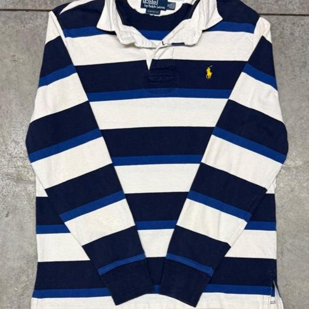 Vintage Polo Ralph Lauren Striped Long Sleeve Rugby Sz Medium Navy Blue White